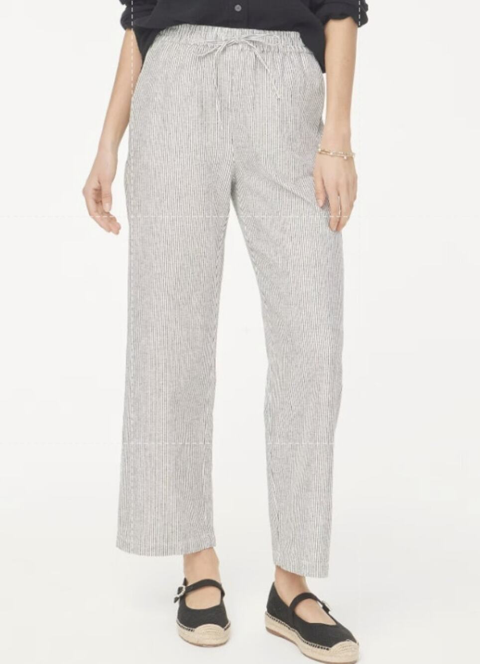 J.Crew Drawstring Linen Pants Womens 14 Black Stripe Slim Wide Leg Style CG405